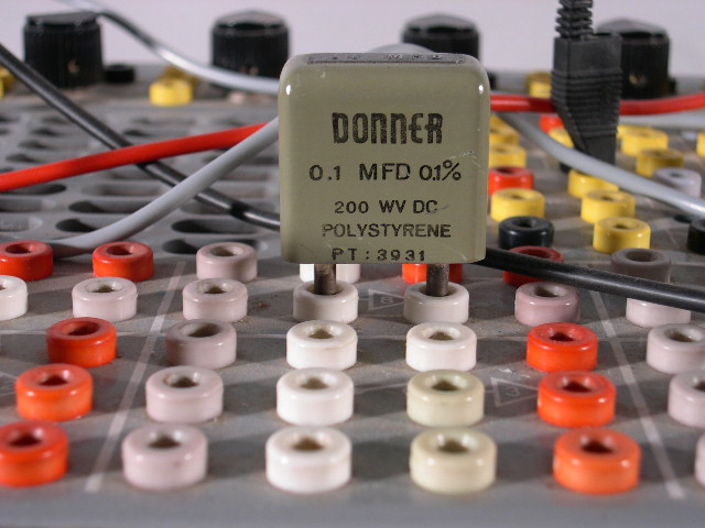  image of Closeup of the Donner 3500 analog computer's patchboard from the front.  This is the same section of the patchboard shown in the previous picture. 