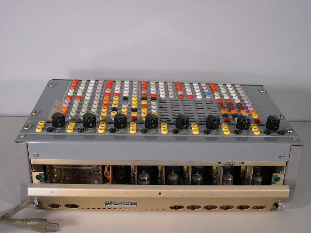  image of View of the back of the Donner 3500 analog computer which opened easily for access to cards and tubes.  The tubes of an analog computer generated quite a bit of heat.   