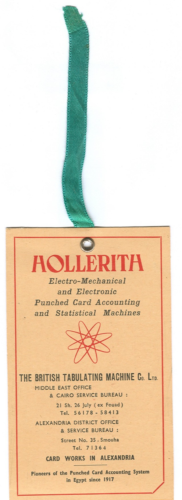 Obverse side of card with green ribbon.
