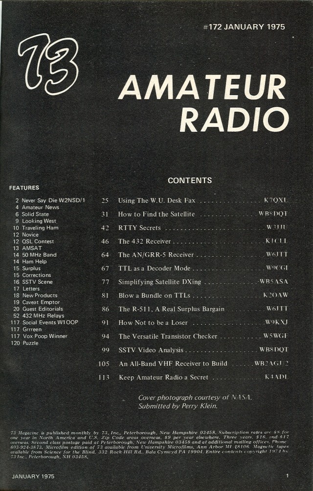 Table of Contents for the January 1975 issue.